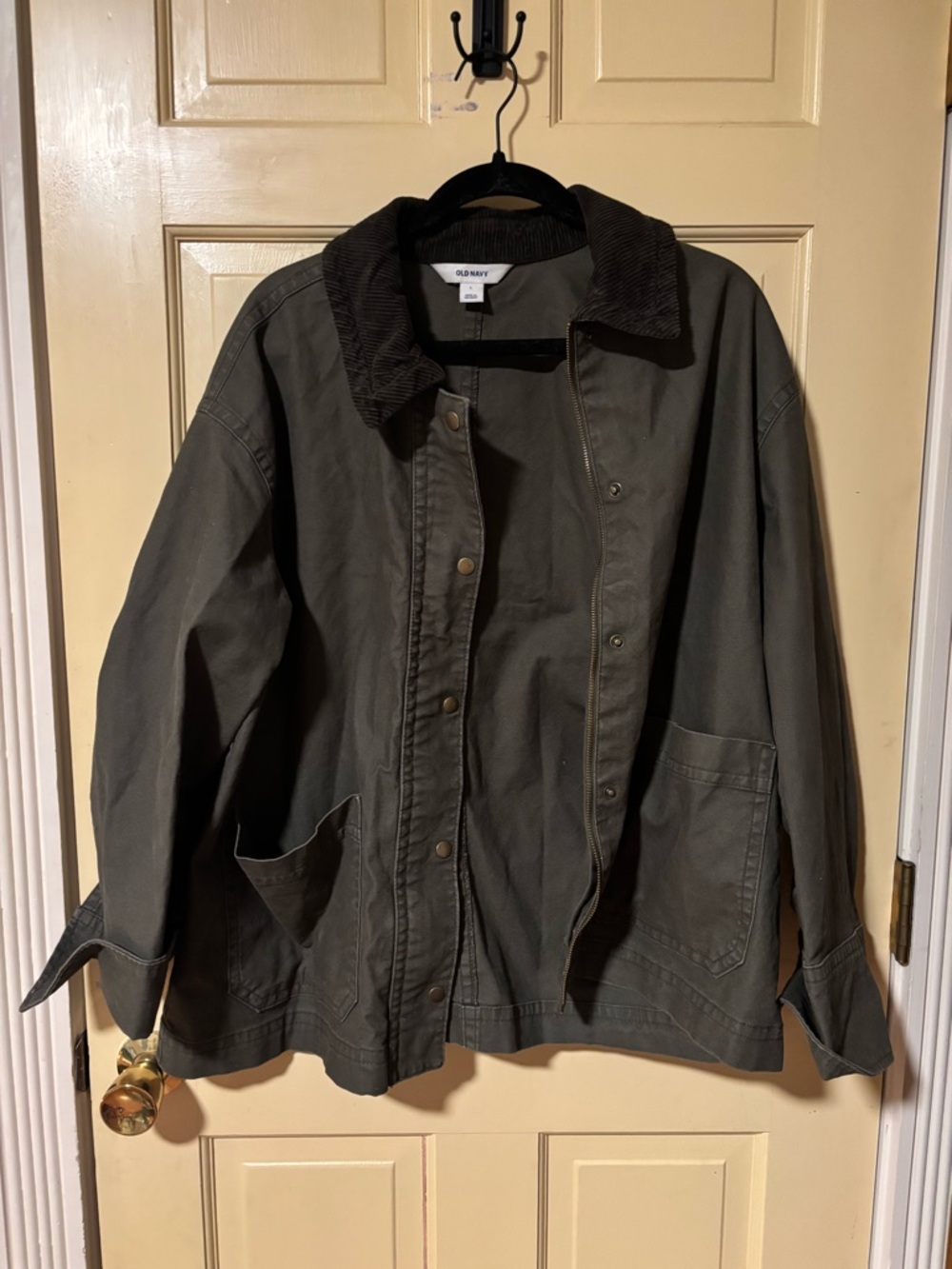 Old Navy Olive Green Canvas Jacket with Dark Brown Corduroy Collar